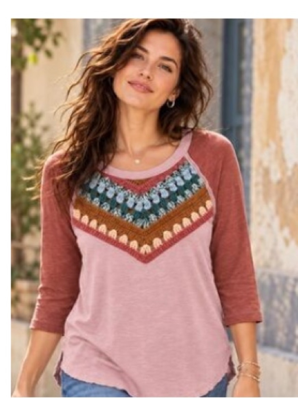 We The Free Pink Raglan Long Sleeve Top with Multicolor Knit Yoke